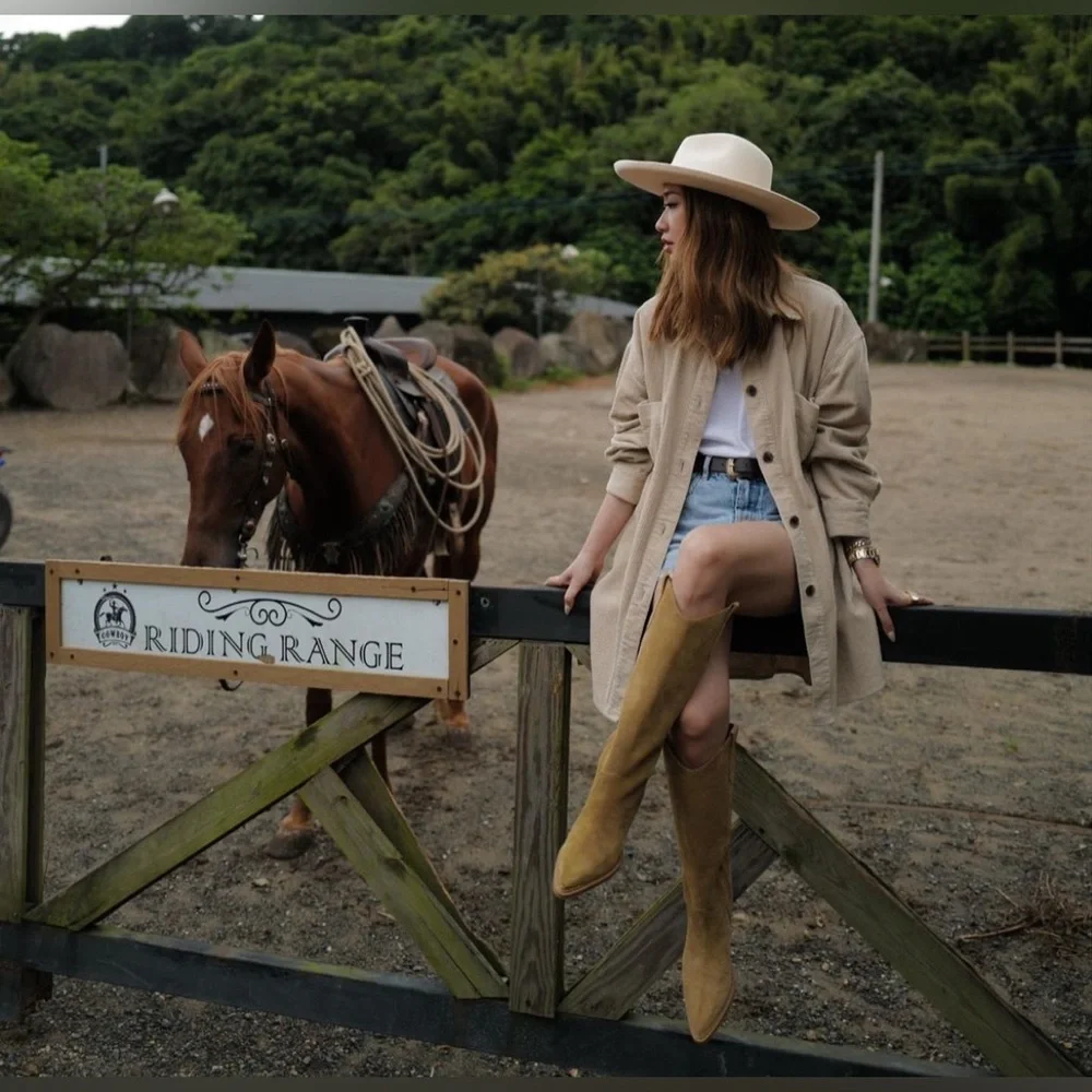 Grace Gift X Samantha Lin Leather V-Cut Western Block Heel Long Boots Beige 23.5 - Picture 11 of 16